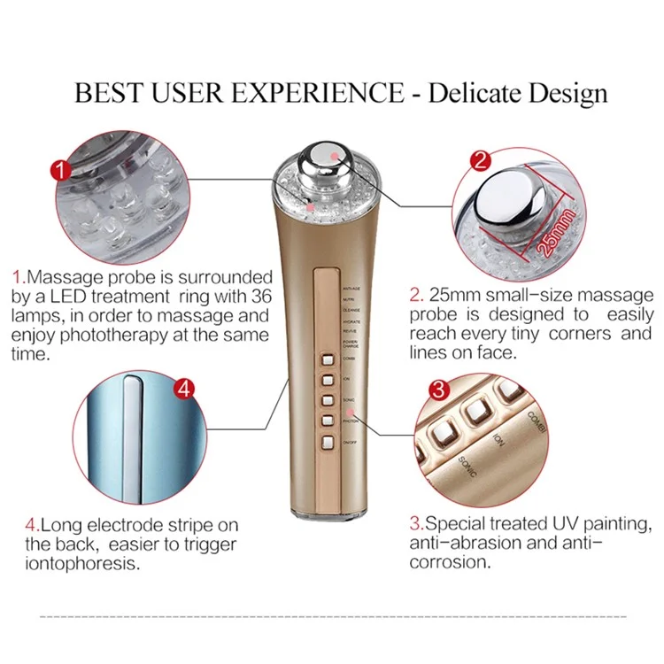 CM-5-2D Radio Frequency Facial Machine Multifunctional Skin Tightening Rejuvenation Skin Care Device LED Light Therapy - Gold