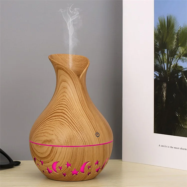 200ml Vase Shape Air Humidifier Moon Star Hollow Mist Maker Silent Fog Sprayer with Colorful Light (with CE) - Brown / US Plug