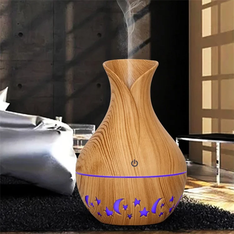 200ml Vase Shape Air Humidifier Moon Star Hollow Mist Maker Silent Fog Sprayer with Colorful Light (with CE) - Brown / US Plug