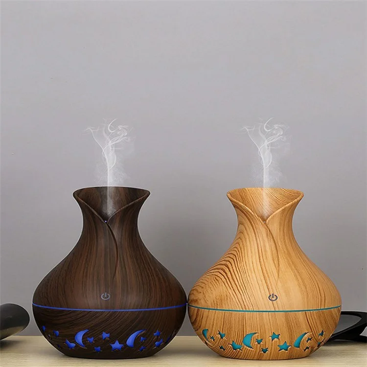 200ml Vase Shape Air Humidifier Moon Star Hollow Mist Maker Silent Fog Sprayer with Colorful Light (with CE) - Brown / US Plug