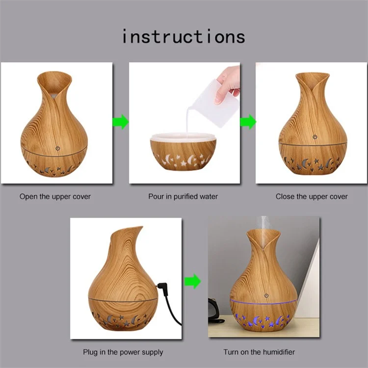 Humidificateur d'air en forme de vase de 200ml avec lune, étoile, motif ajouré, brumisateur silencieux avec lumière colorée (avec certification CE) - Brun / Prise EU