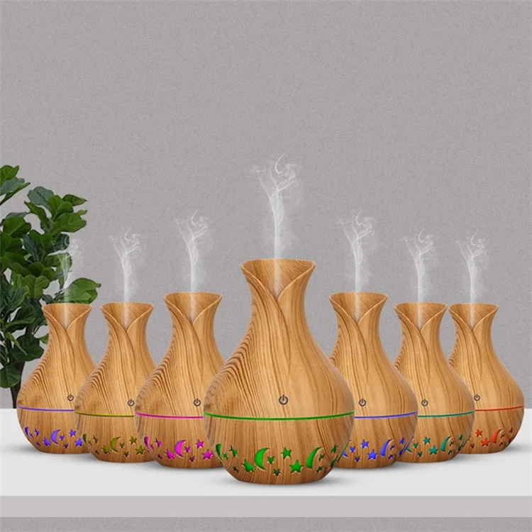 Humidificateur d'air en forme de vase de 200ml avec lune, étoile, motif ajouré, brumisateur silencieux avec lumière colorée (avec certification CE) - Brun / Prise EU