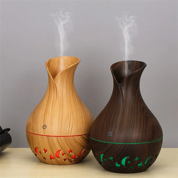 Humidificateur d'air en forme de vase de 200ml avec lune, étoile, motif ajouré, brumisateur silencieux avec lumière colorée (avec certification CE) - Brun / Prise EU