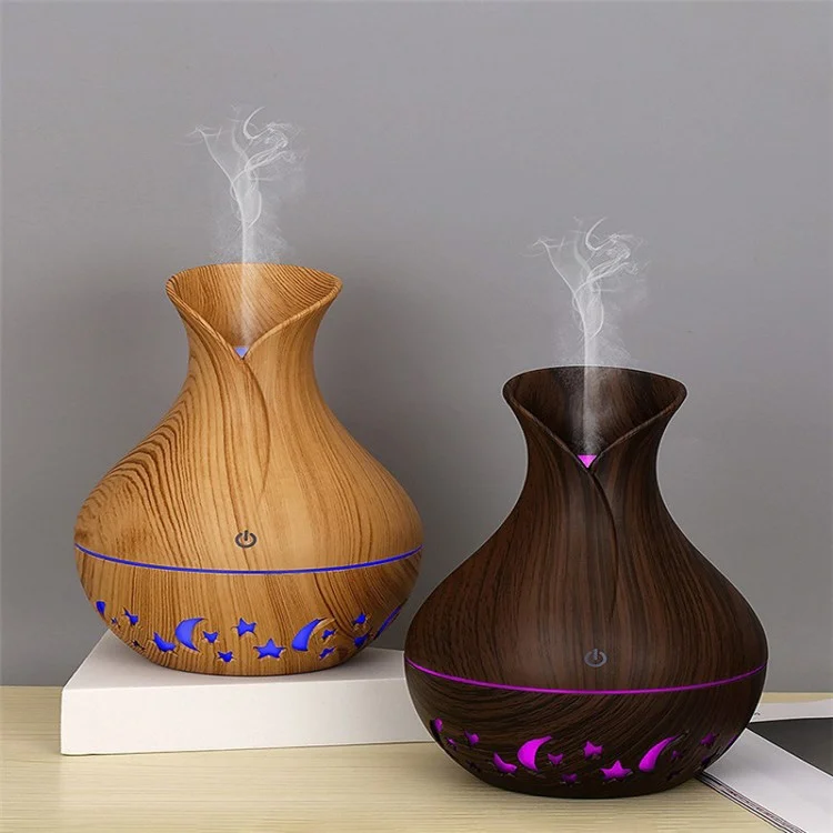 Humidificateur d'air en forme de vase de 200ml avec lune, étoile, motif ajouré, brumisateur silencieux avec lumière colorée (avec certification CE) - Brun / Prise EU