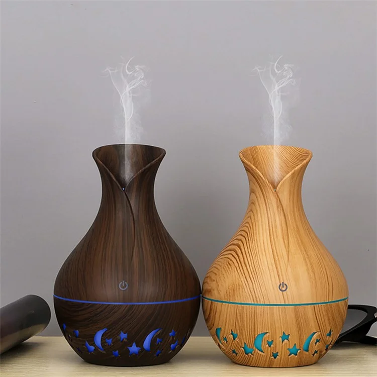 Humidificateur d'air en forme de vase de 200ml avec lune, étoile, motif ajouré, brumisateur silencieux avec lumière colorée (avec certification CE) - Brun / Prise EU