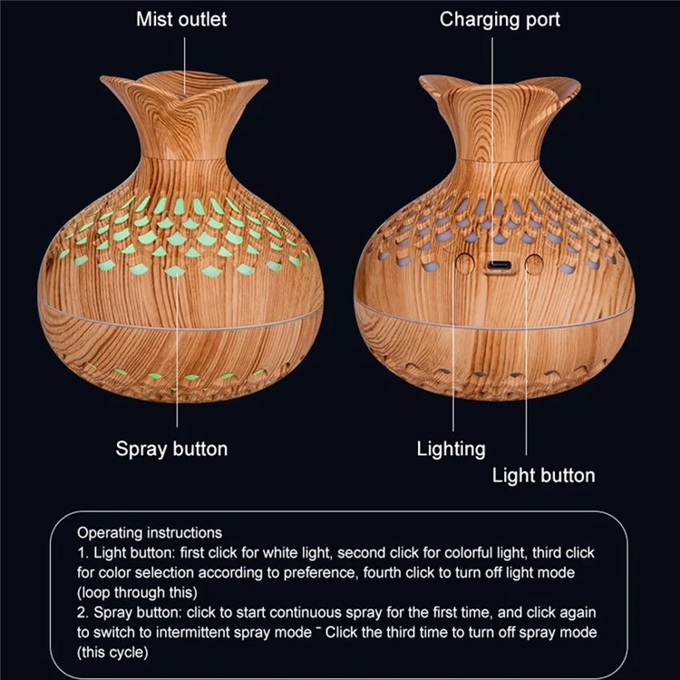 Humidificateur de bois Colorful Cool Essential Oil Diffuser 300ml Ultrasonic Aroma Air Vaporizer (Certificat CE) - Noir / Prise US