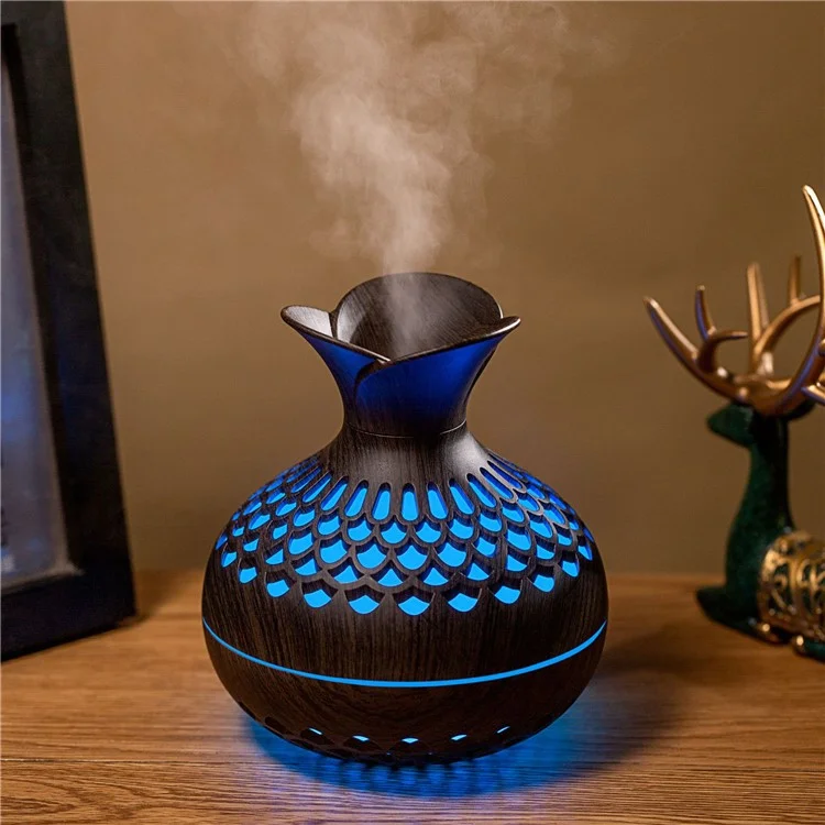 Humidificateur à Grain de Bois Coloré Diffuseur d'Huiles Essentielles Fraîches 300ml Vaporisateur d'Arômes Ultrasonique (Certifié CE) - Noir / Prise UK
