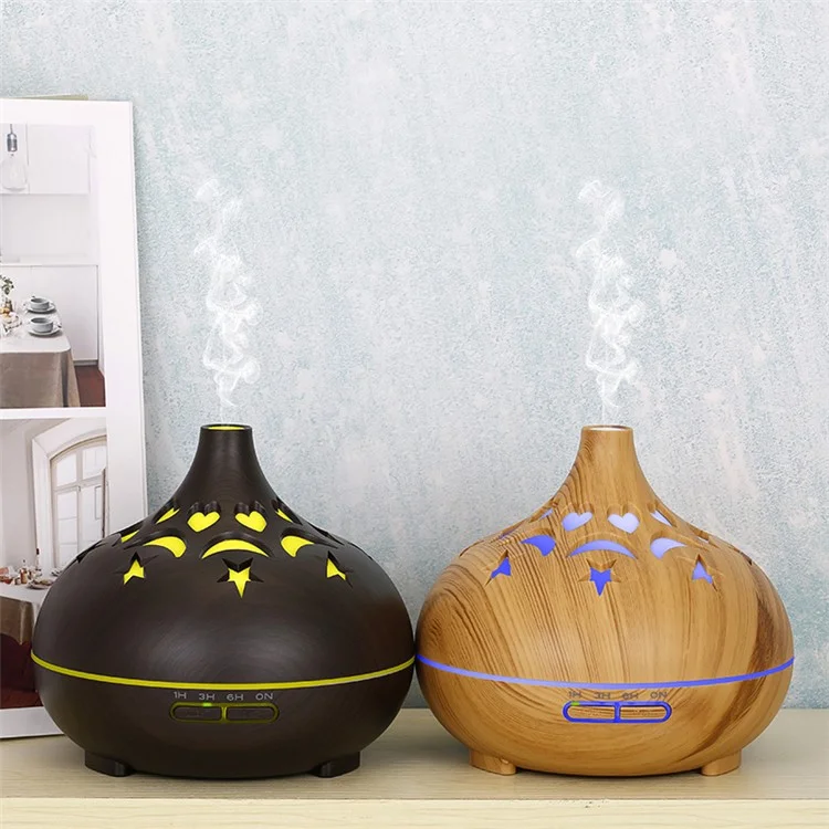 500ml Wood Grain Hollow Mist Humidifier Remote Control Essential Oil Diffuser for Home Office (No CE Certificate) - Brown / AU Plug