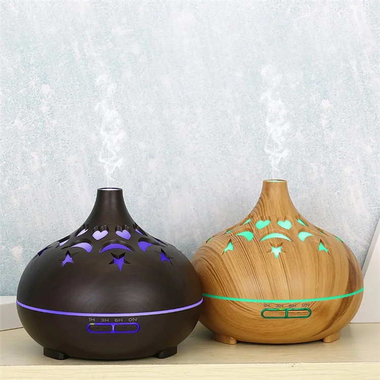 500ml Wood Grain Hollow Mist Humidifier Remote Control Essential Oil Diffuser for Home Office (No CE Certificate) - Brown / AU Plug