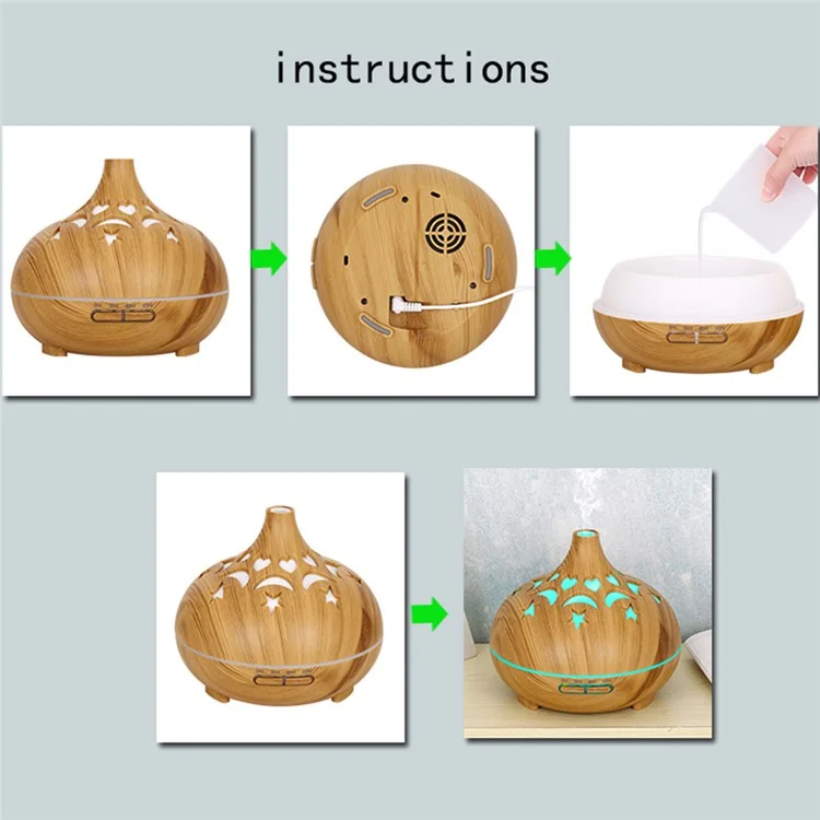 500ml Wood Grain Hollow Mist Humidifier Remote Control Essential Oil Diffuser for Home Office (No CE Certificate) - Brown / AU Plug