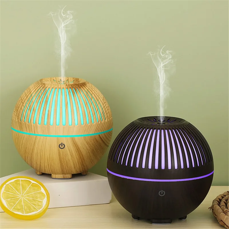 160ml Fine Mist Humidifier Wood Grain Hollow Essential Oil Diffuser with Colorful Light (No CE Certificate) - Brown / UK Plug