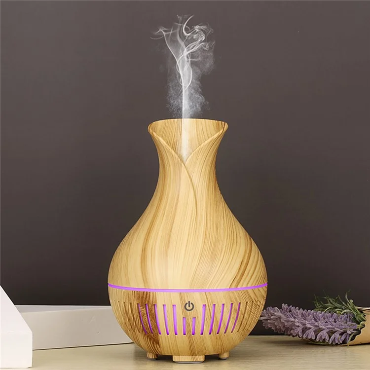 Humidificador de aceites esenciales con forma de jarrón de 160 ml, diseño de grano de madera, apagado automático y luz de colores (sin certificado CE) - Marrón / Enchufe estadounidense