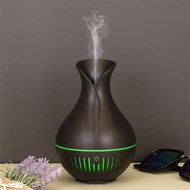 160ml Vase Shape Wood Grain Humidifier Auto Power Off Essential Oil Diffuser with Colorful Light (No CE Certificate) - Black / UK Plug