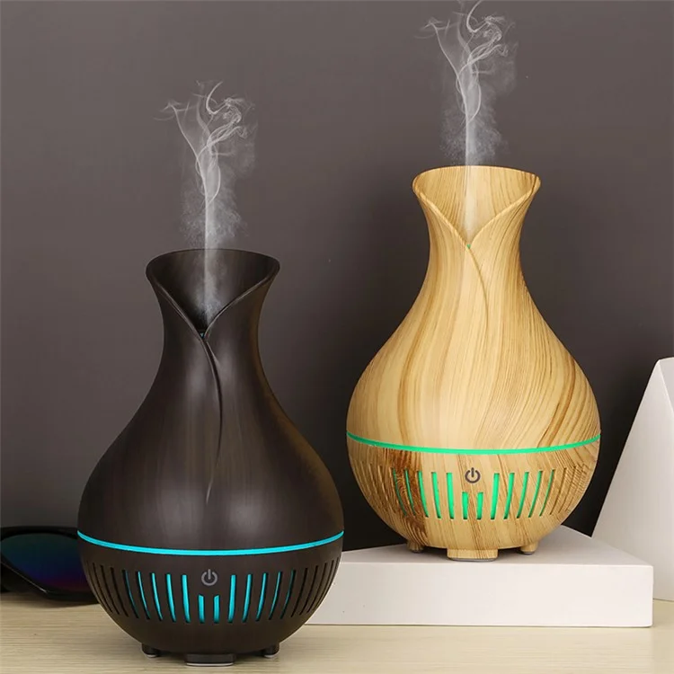 160ml Vase Shape Wood Grain Humidifier Auto Power Off Essential Oil Diffuser with Colorful Light (No CE Certificate) - Black / UK Plug