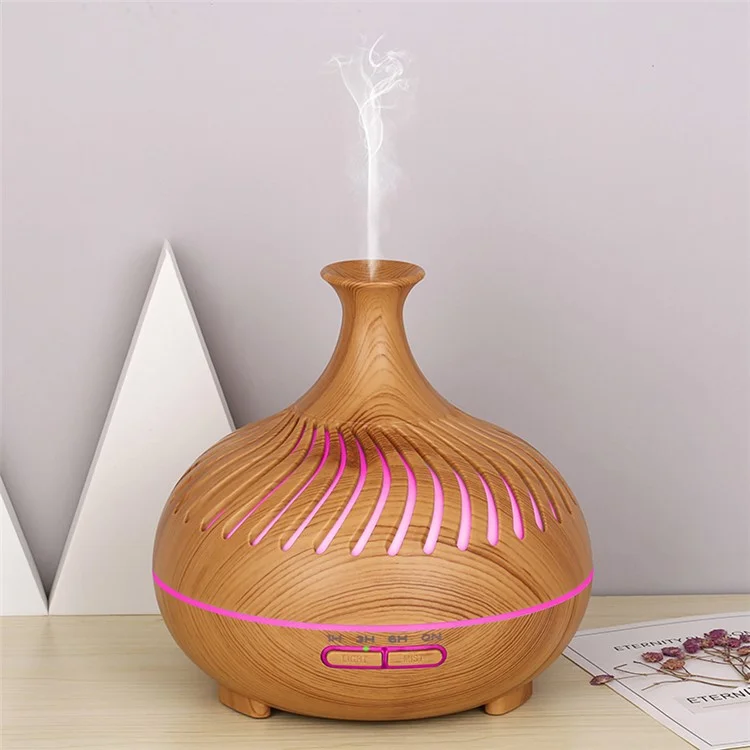 Humidificateur de 500ml en bois avec rayures creuses et diffuseur d'arômes avec télécommande (sans certificat CE) - Brun / Prise UK