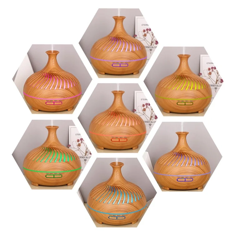 Humidificateur de 500 ml, grain de bois, rayures creuses, diffuseur d'arômes avec télécommande (pas de certification CE) - Noir / Prise UE