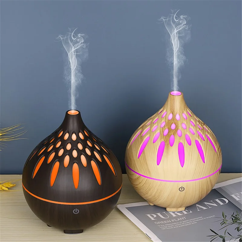 160ml Wood Grain Hollow Humidifier Auto Power-Off Colorful Light Mist Humidifier (No CE Certificate) - Black / US Plug