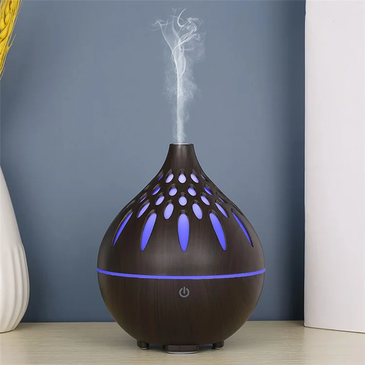 Umidificador Colorido de Luz Nevoeiro Automático com Desligamento de Energia Madeira Grão Oco 160ml (Sem Certificado CE) - Preto / Plugue Reino Unido