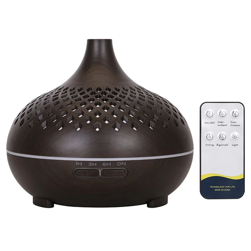 500ml Hollow Humidifier Wood Grain Colorful Light Essential Oil Diffuser with Remote Control (No CE Certificate) - Black / US Plug