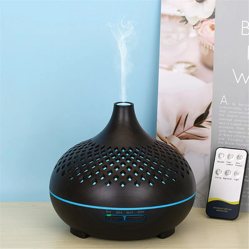 500ml Hollow Humidifier Wood Grain Colorful Light Essential Oil Diffuser with Remote Control (No CE Certificate) - Black / US Plug