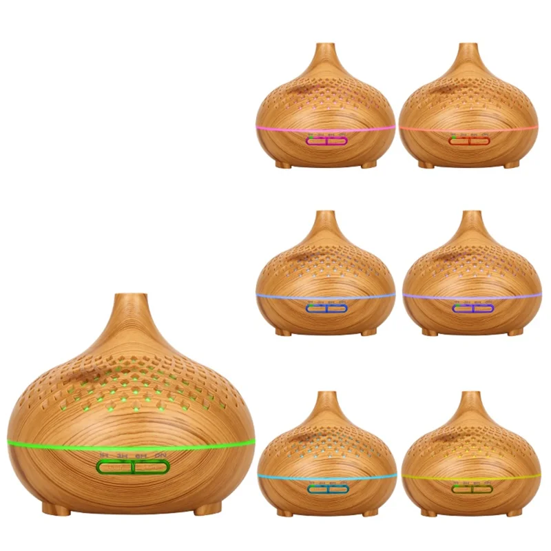 500ml Hollow Humidifier Wood Grain Colorful Light Essential Oil Diffuser with Remote Control (No CE Certificate) - Black / US Plug
