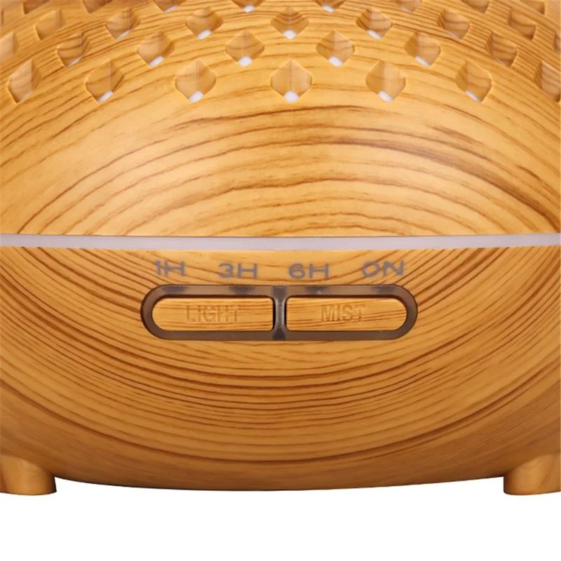 500ml Hollow Humidifier Wood Grain Colorful Light Essential Oil Diffuser with Remote Control (No CE Certificate) - Black / US Plug
