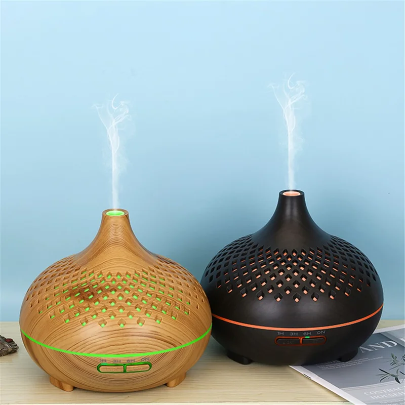 500ml Hollow Humidifier Wood Grain Colorful Light Essential Oil Diffuser with Remote Control (No CE Certificate) - Black / US Plug