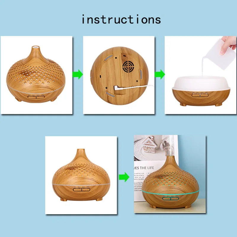 500ml Hollow Humidifier Wood Grain Colorful Light Essential Oil Diffuser with Remote Control (No CE Certificate) - Black / US Plug