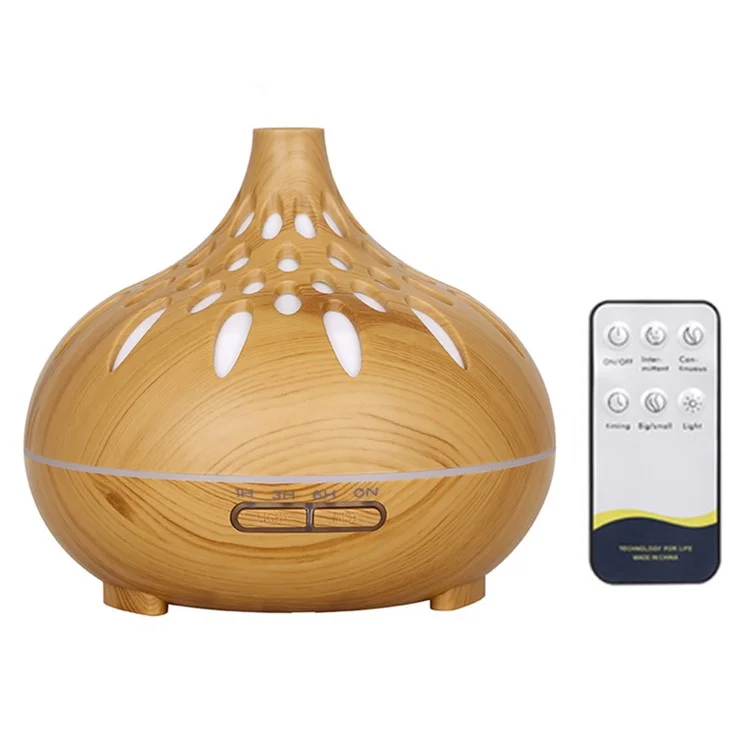 500ml Mute Humidifier Colorful Light Wood Grain Hollow Aroma Diffuser with Remote Control (No CE Certificate) - Brown / US Plug