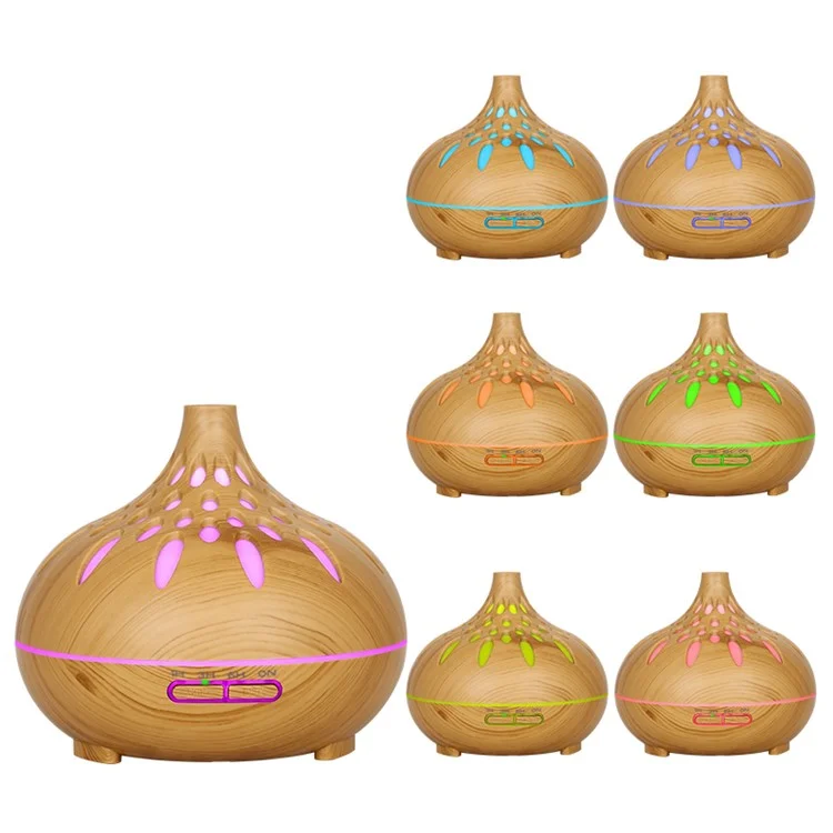 500ml Mute Humidifier Colorful Light Wood Grain Hollow Aroma Diffuser with Remote Control (No CE Certificate) - Brown / US Plug