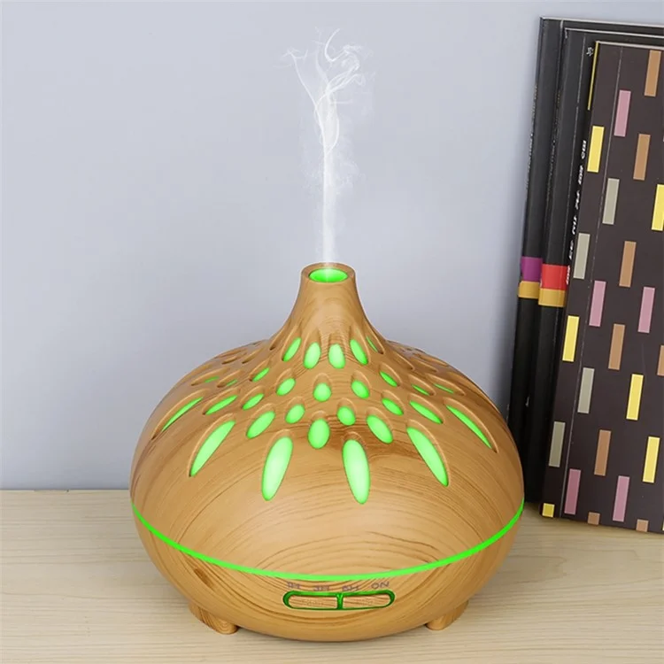 500ml Mute Humidifier Colorful Light Wood Grain Hollow Aroma Diffuser with Remote Control (No CE Certificate) - Brown / US Plug