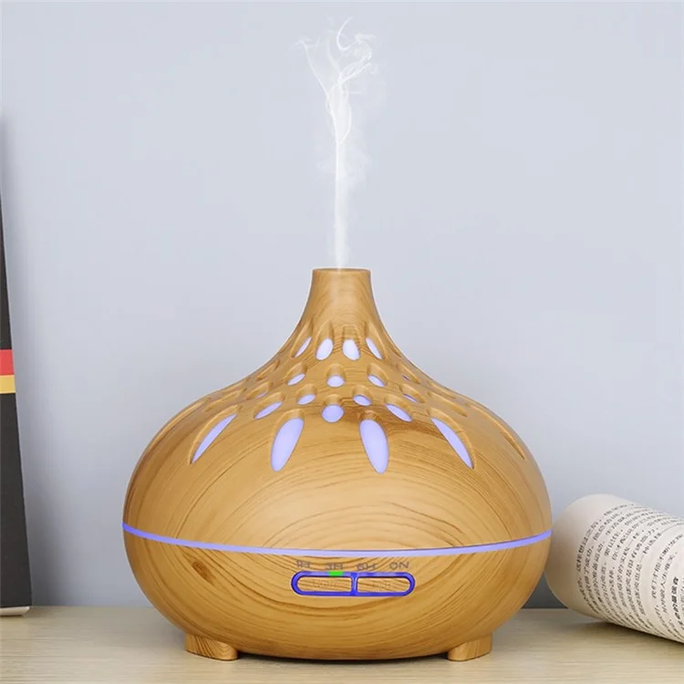 500ml Mute Humidifier Colorful Light Wood Grain Hollow Aroma Diffuser with Remote Control (No CE Certificate) - Brown / US Plug