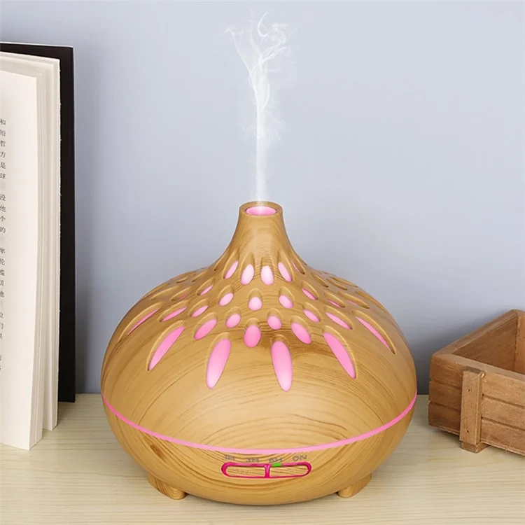 500ml Mute Humidifier Colorful Light Wood Grain Hollow Aroma Diffuser with Remote Control (No CE Certificate) - Brown / US Plug