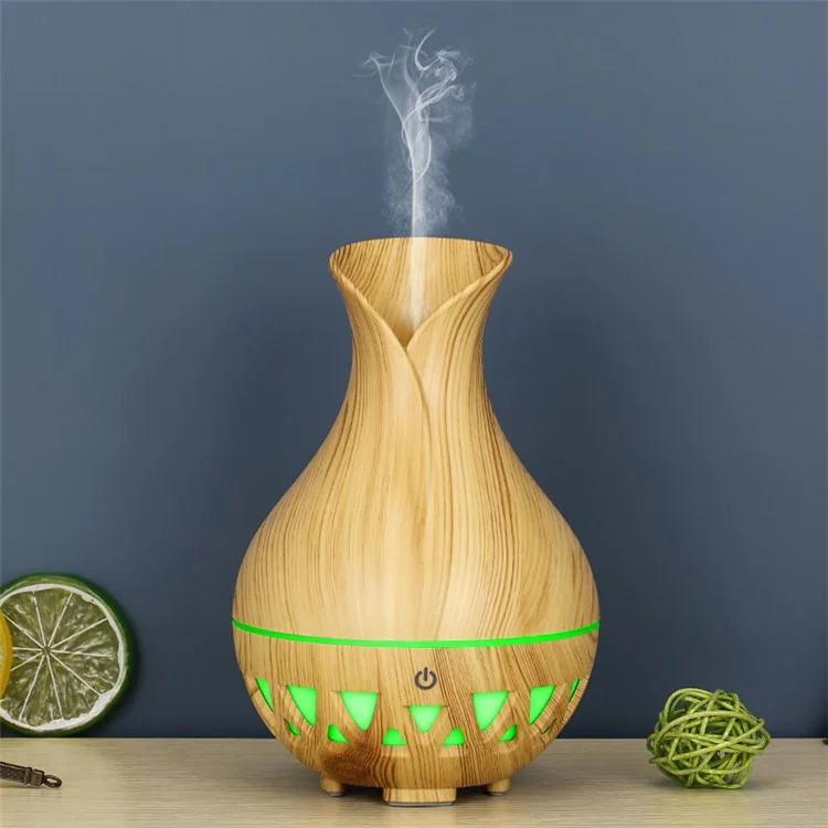 Humidificateur de forme de vase de 160 ml, bois grain coloré creux, diffuseur d'huiles essentielles (sans certificat CE) - Marron / Prise US