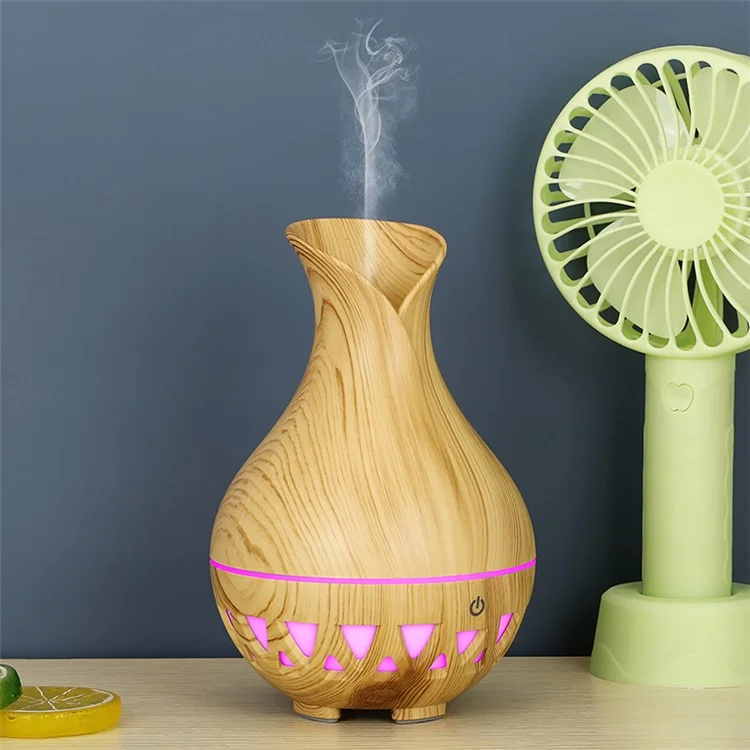 Humidificateur de forme de vase de 160 ml, bois grain coloré creux, diffuseur d'huiles essentielles (sans certificat CE) - Marron / Prise US