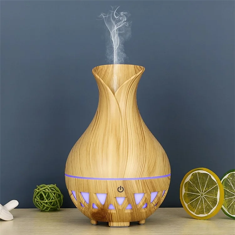 Humidificateur de forme de vase de 160 ml, bois grain coloré creux, diffuseur d'huiles essentielles (sans certificat CE) - Marron / Prise US