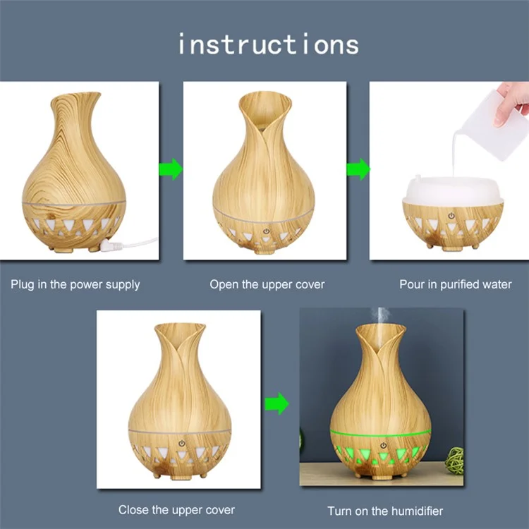 Humidificateur de forme de vase de 160 ml, bois grain coloré creux, diffuseur d'huiles essentielles (sans certificat CE) - Marron / Prise US