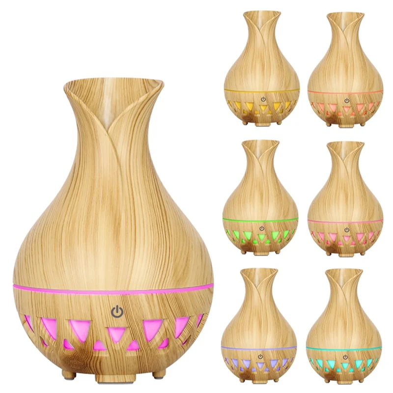 160ml Vase Shape Humidifier Colorful Light Wood Grain Hollow Essential Oil Diffuser (No CE Certificate) - Brown / UK Plug