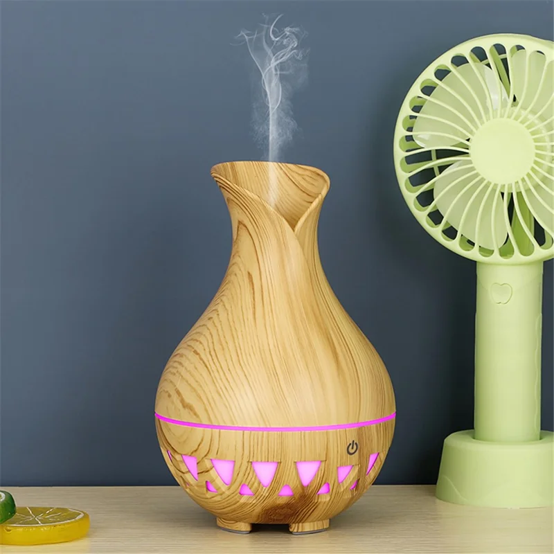 160ml Vase Shape Humidifier Colorful Light Wood Grain Hollow Essential Oil Diffuser (No CE Certificate) - Brown / UK Plug
