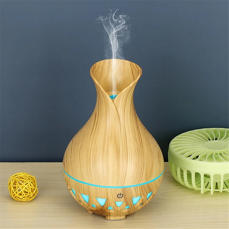 160ml Vase Shape Humidifier Colorful Light Wood Grain Hollow Essential Oil Diffuser (No CE Certificate) - Brown / UK Plug