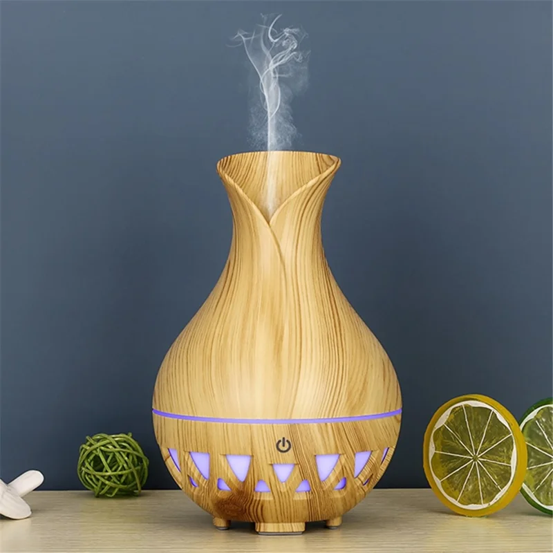 160ml Vase Shape Humidifier Colorful Light Wood Grain Hollow Essential Oil Diffuser (No CE Certificate) - Brown / UK Plug