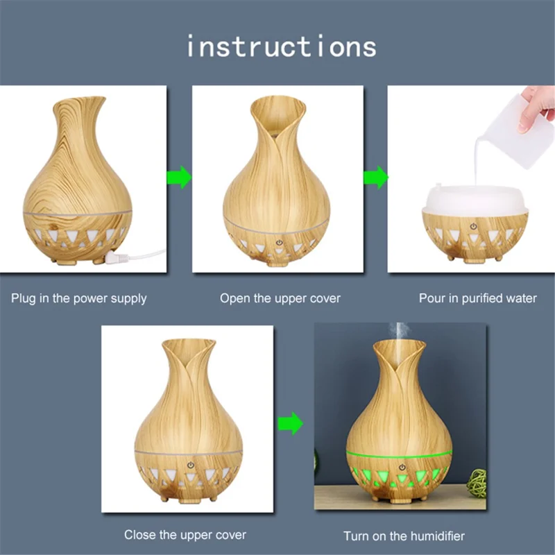 160ml Vase Shape Humidifier Colorful Light Wood Grain Hollow Essential Oil Diffuser (No CE Certificate) - Brown / UK Plug
