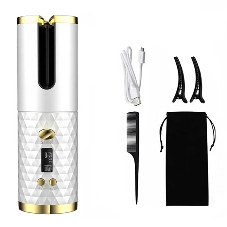 JFQ-01 Automatic Curling Iron Rotating Hair Curler Wand LCD Display Ceramic Wave Hair Curler - White