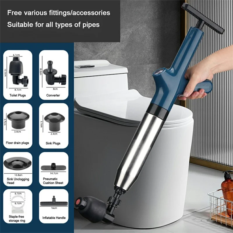 Toilet Plunger Clog Remover High Pressure Air Drain Blaster for Kitchen Bathroom Pipe Unblocker - Blue