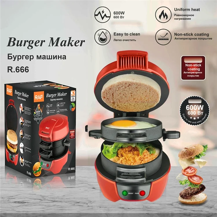 RAF R.666 Burger Maker Multifunction Hamburger Presser Sandwich Machine, Prise UE (Sans BPA, Pas d'homologation FDA) - Rouge