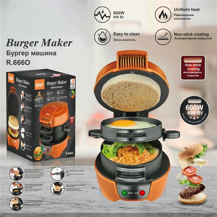 RAF R.666 Burger Maker Multifunction Hamburger Presser Sandwich Machine, Prise EU (Sans BPA, Pas d'agrément FDA) - Orange