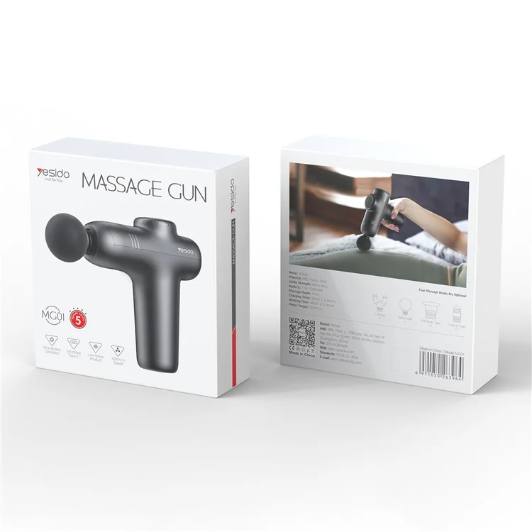 Yesido Mg01 5 Geschwindigkeit Muskelrelief Tragbare Tiefe Gewebemassagepistole Mit 4 Köpfen