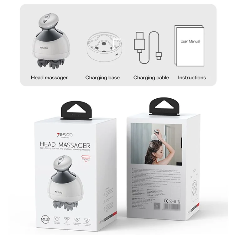 YESIDO MG12 IPX7 Massageador de Cabeça à Prova d'Água com Baixo Ruído e Base de Carregamento Removível
