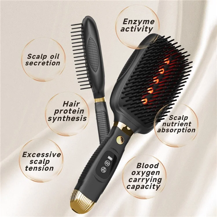 HC2006 Pente de Massagem Elétrico com Vibração, Terapia de Luz Vermelha, EMS Microcorrente para Estimulação do Crescimento Capilar - Preto