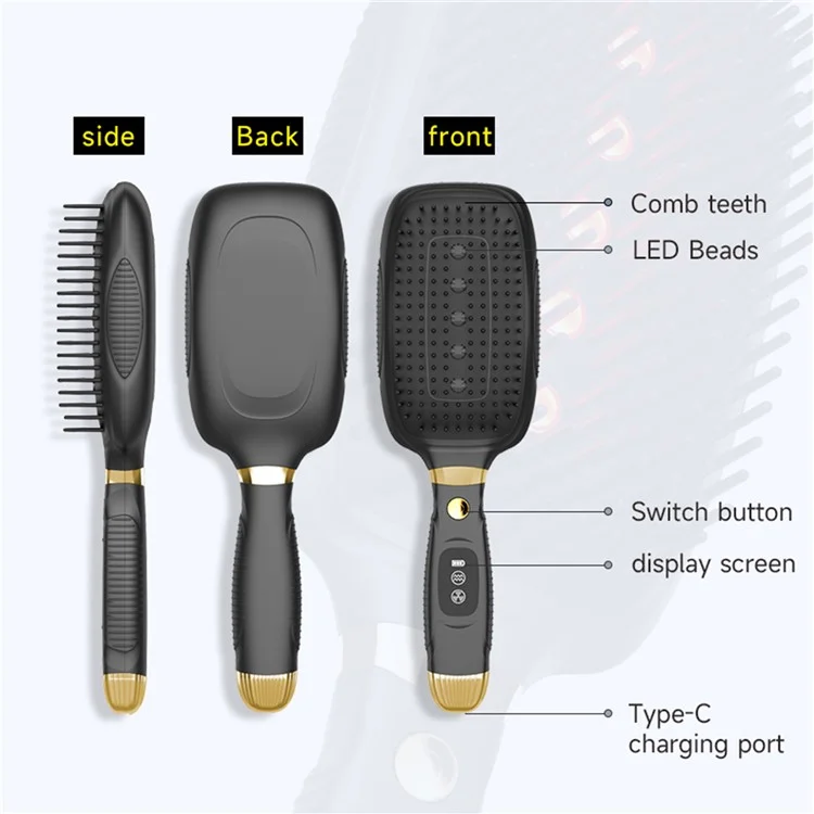 HC2006 Pente de Massagem Elétrico com Vibração, Terapia de Luz Vermelha, EMS Microcorrente para Estimulação do Crescimento Capilar - Preto